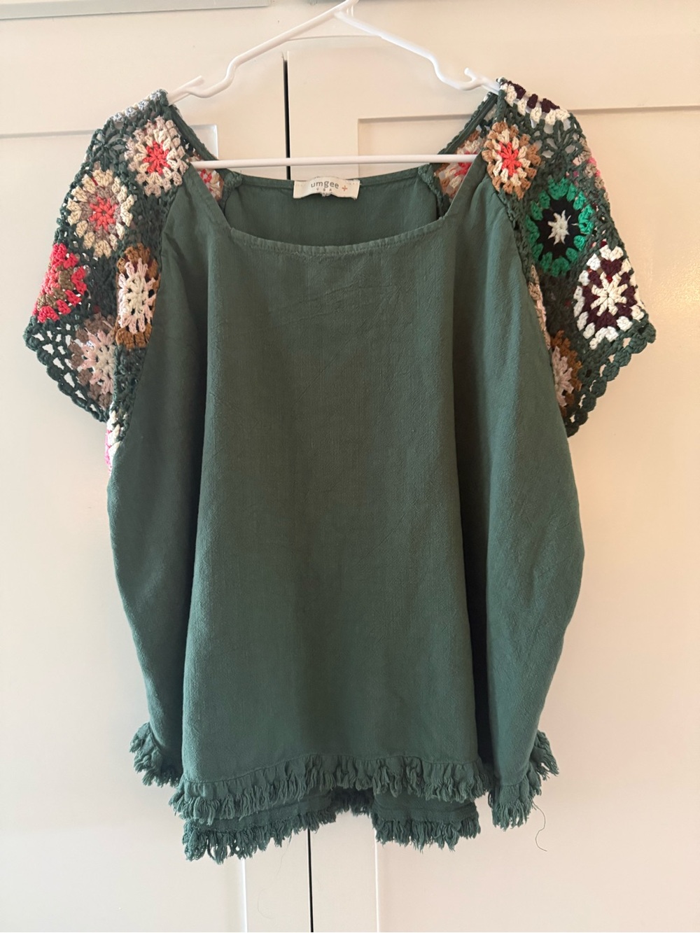 Umgee USA Medium Boho Crochet Granny Square Linen Blend Fringe Top